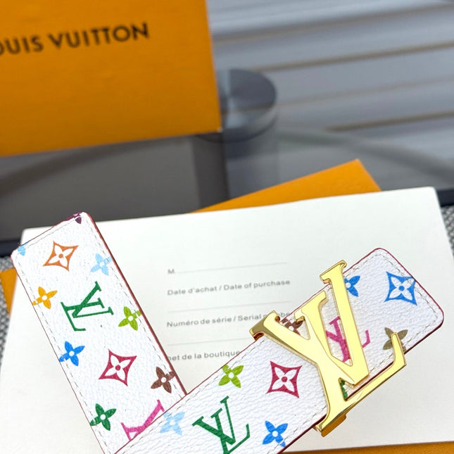 LV INITIALES BELT REVERSIBLE 30MM IN WHITE MULTICOLOR LOGO AND IVORY GRAINED CALFSKIN GOLD BUCKLE