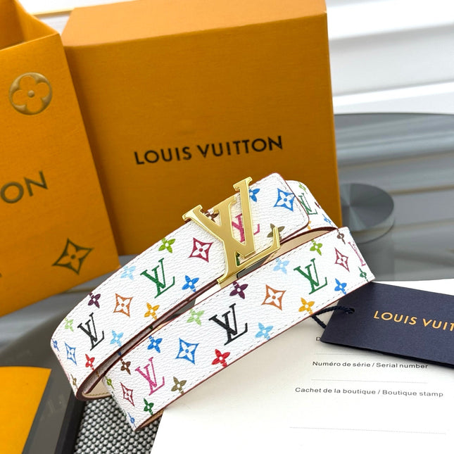 LV INITIALES BELT REVERSIBLE 30MM IN WHITE MULTICOLOR LOGO AND IVORY GRAINED CALFSKIN GOLD BUCKLE