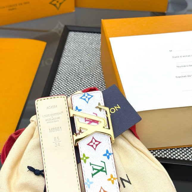 LV INITIALES BELT REVERSIBLE 30MM IN WHITE MULTICOLOR LOGO AND IVORY GRAINED CALFSKIN GOLD BUCKLE