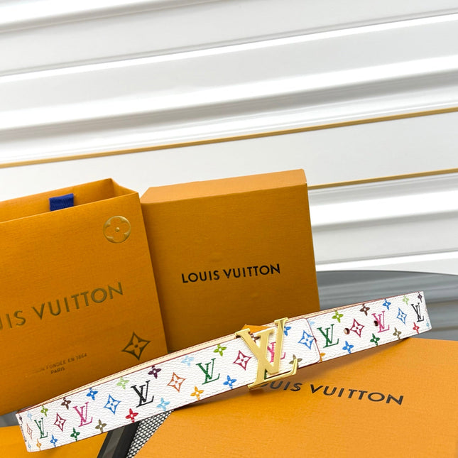 LV INITIALES BELT REVERSIBLE 30MM IN WHITE MULTICOLOR LOGO AND IVORY GRAINED CALFSKIN GOLD BUCKLE