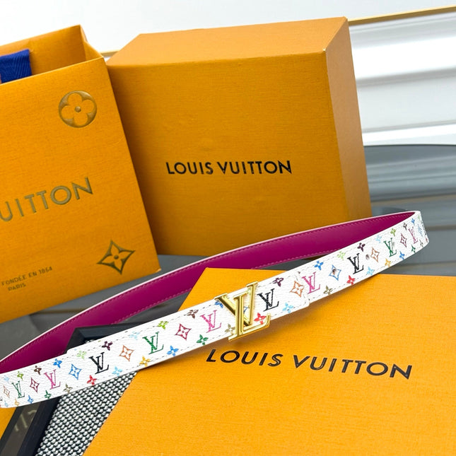 LV INITIALES BELT REVERSIBLE 20MM IN WHITE MULTICOLOR LOGO AND WINE PINK GRAINED CALFSKIN GOLD BUCKLE