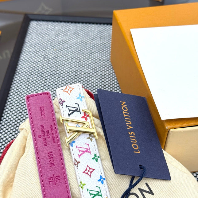 LV INITIALES BELT REVERSIBLE 20MM IN WHITE MULTICOLOR LOGO AND WINE PINK GRAINED CALFSKIN GOLD BUCKLE