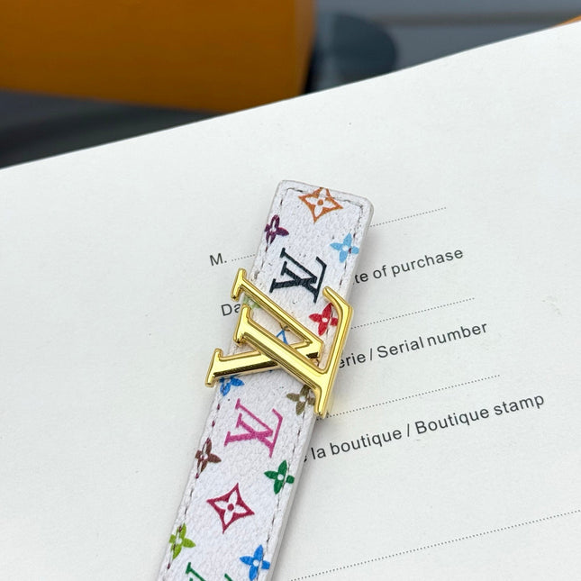 LV INITIALES BELT REVERSIBLE 20MM IN WHITE MULTICOLOR LOGO AND WINE PINK GRAINED CALFSKIN GOLD BUCKLE