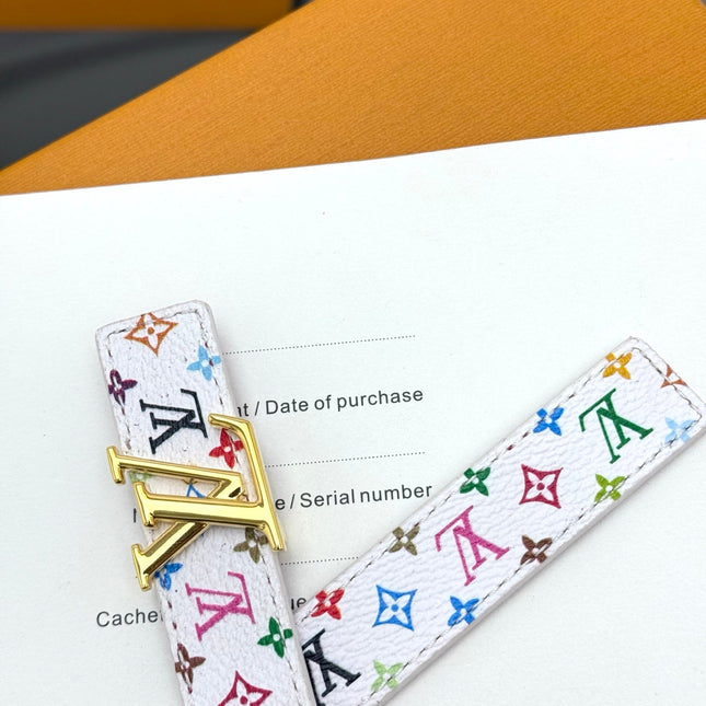 LV INITIALES BELT REVERSIBLE 20MM IN WHITE MULTICOLOR LOGO AND WINE PINK GRAINED CALFSKIN GOLD BUCKLE