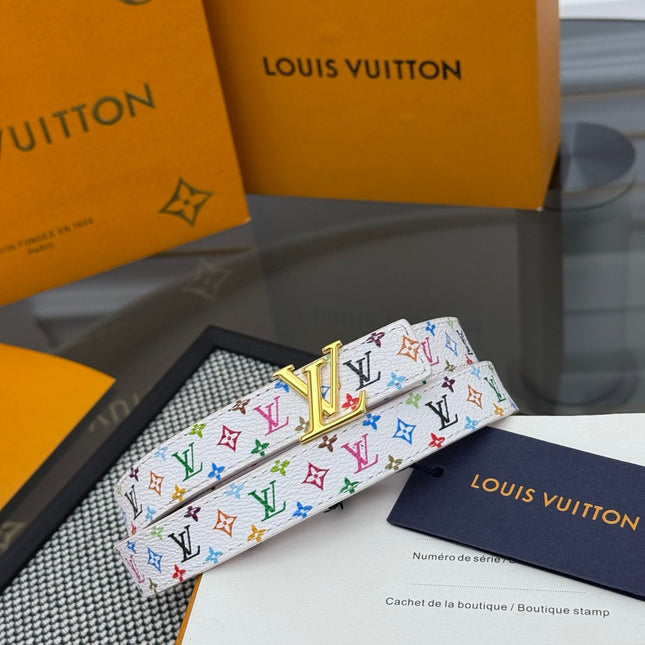 LV INITIALES BELT REVERSIBLE 20MM IN WHITE MULTICOLOR LOGO AND WINE PINK GRAINED CALFSKIN GOLD BUCKLE