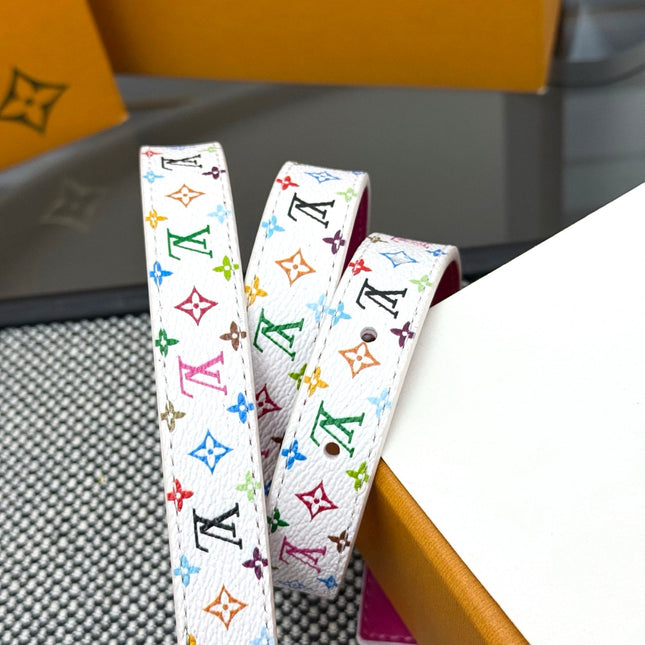 LV INITIALES BELT REVERSIBLE 20MM IN WHITE MULTICOLOR LOGO AND WINE PINK GRAINED CALFSKIN GOLD BUCKLE