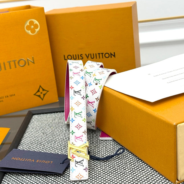 LV INITIALES BELT REVERSIBLE 20MM IN WHITE MULTICOLOR LOGO AND WINE PINK GRAINED CALFSKIN GOLD BUCKLE