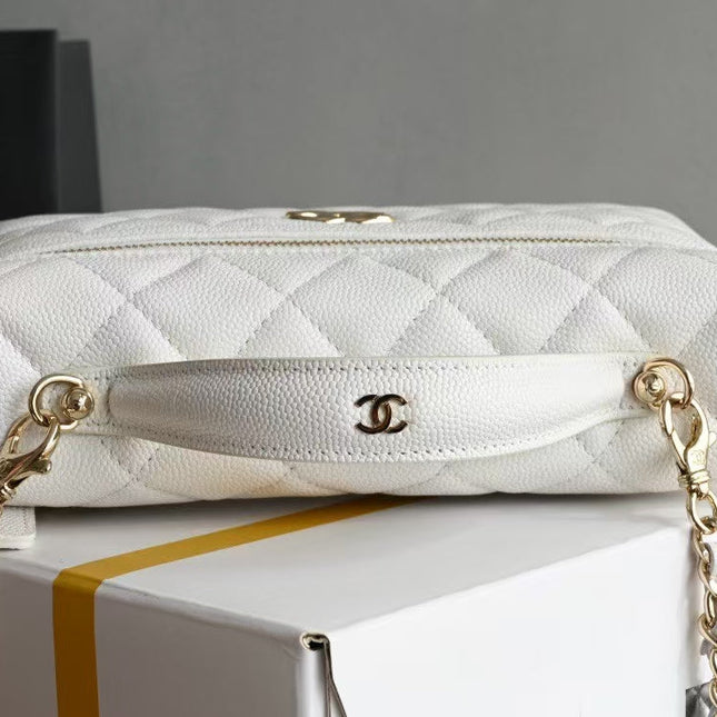 COSMETIC BAG 19 IN WHITE GRAINED CALFSKIN GOLD HARDWARE