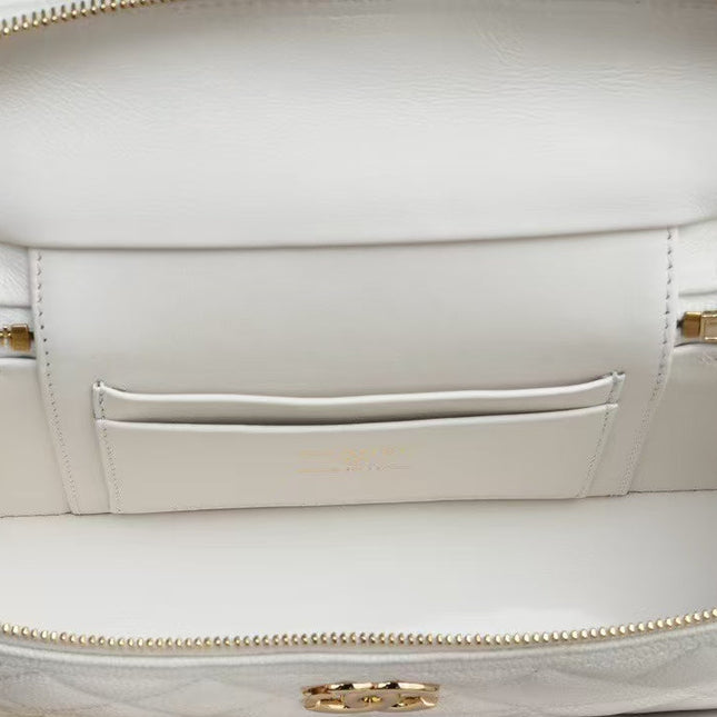 COSMETIC BAG 19 IN WHITE GRAINED CALFSKIN GOLD HARDWARE
