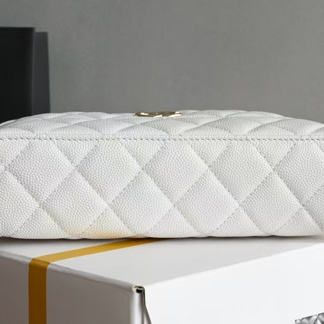COSMETIC BAG 19 IN WHITE GRAINED CALFSKIN GOLD HARDWARE