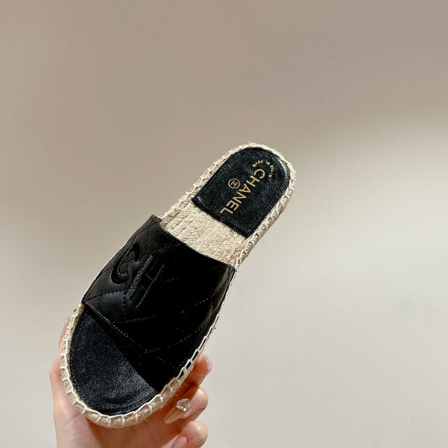FLAT SLIPPERS IN BLACK LAMBSKIN MIX BEIGE WOVEN
