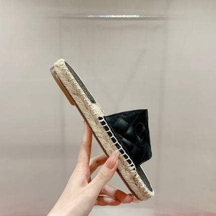 FLAT SLIPPERS IN BLACK LAMBSKIN MIX BEIGE WOVEN