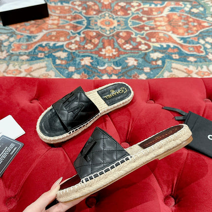 FLAT SLIPPERS IN BLACK LAMBSKIN MIX BEIGE WOVEN