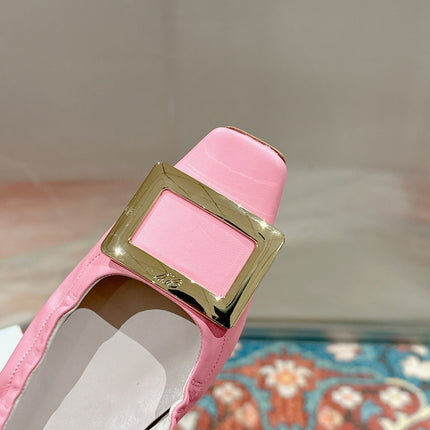 BELLE VIVIER BALLERINAS IN PINK SHINY LAMBSKIN GOLD PATENT SQUARE BUCKLE