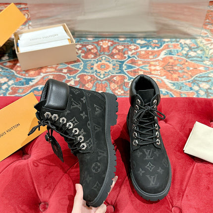 LV X TIMBERLAND ANKLE BOOT IN BLACK MONOGRAM SUEDE