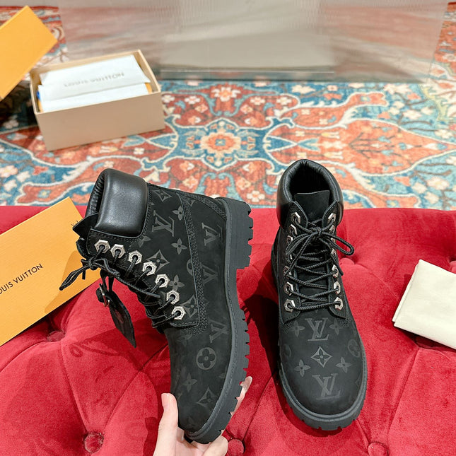 LV X TIMBERLAND ANKLE BOOT IN BLACK MONOGRAM SUEDE