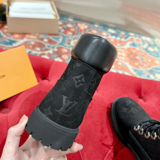 LV X TIMBERLAND ANKLE BOOT IN BLACK MONOGRAM SUEDE