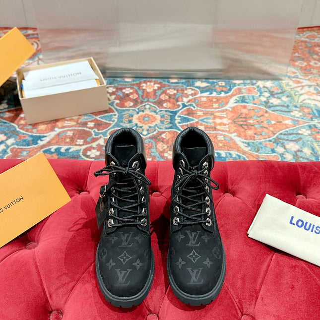 LV X TIMBERLAND ANKLE BOOT IN BLACK MONOGRAM SUEDE