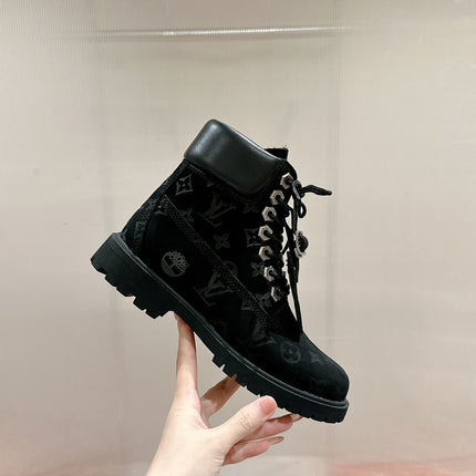 LV X TIMBERLAND ANKLE BOOT IN BLACK MONOGRAM SUEDE