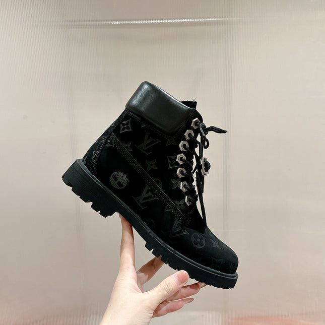 LV X TIMBERLAND ANKLE BOOT IN BLACK MONOGRAM SUEDE