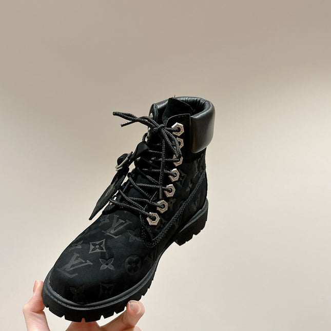 LV X TIMBERLAND ANKLE BOOT IN BLACK MONOGRAM SUEDE