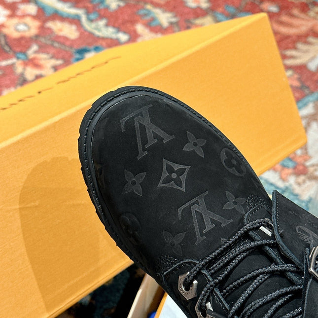 LV X TIMBERLAND ANKLE BOOT IN BLACK MONOGRAM SUEDE
