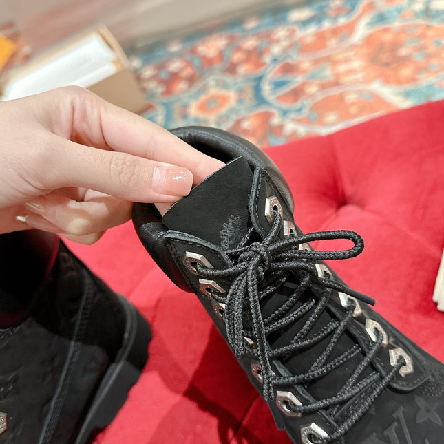 LV X TIMBERLAND ANKLE BOOT IN BLACK MONOGRAM SUEDE