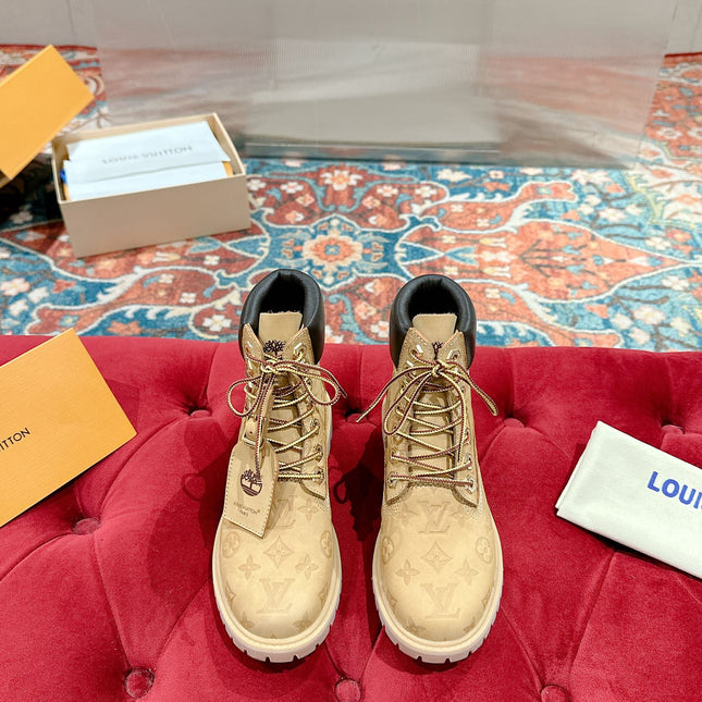 LV X TIMBERLAND ANKLE BOOT IN TORTILLA BROWN MONOGRAM SUEDE