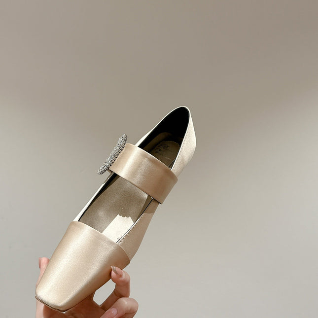 MARY JANES IN GOLD SATIN WITH CRYSTAL SQUARE BUCKLE