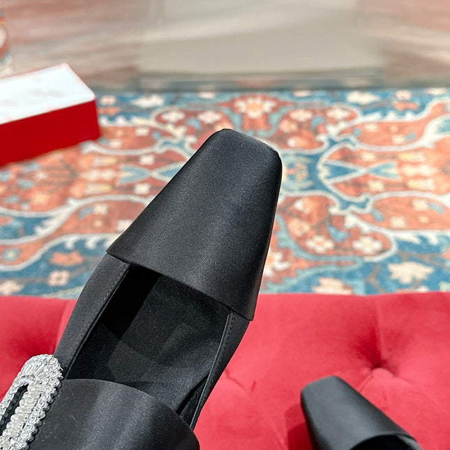 MARY JANES IN BLACK SATIN WITH CRYSTAL SQUARE BUCKLE