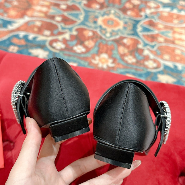 MARY JANES IN BLACK SATIN WITH CRYSTAL SQUARE BUCKLE