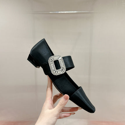 MARY JANES IN BLACK SATIN WITH CRYSTAL SQUARE BUCKLE