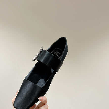 MARY JANES IN BLACK SATIN WITH CRYSTAL SQUARE BUCKLE