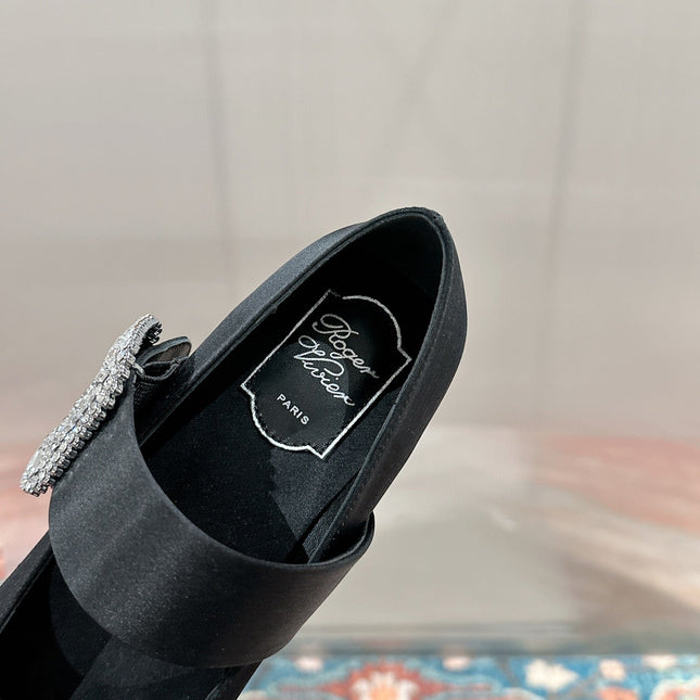 MARY JANES IN BLACK SATIN WITH CRYSTAL SQUARE BUCKLE