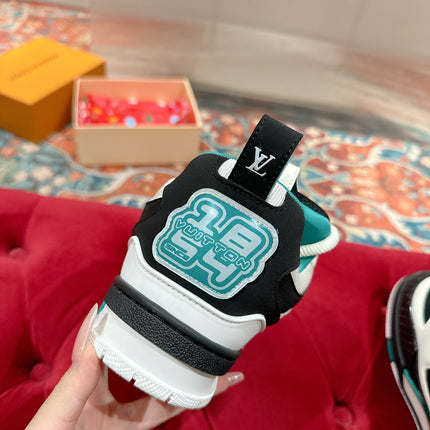 LV SKATE SNEAKER IN WHITE MIX BLACK AND PERSIAN GREEN CALFSKIN