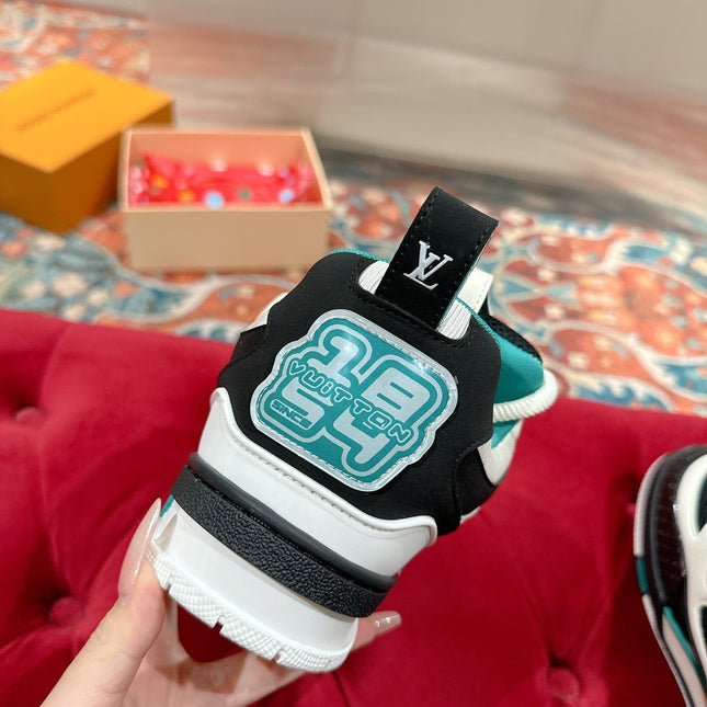 LV SKATE SNEAKER IN WHITE MIX BLACK AND PERSIAN GREEN CALFSKIN