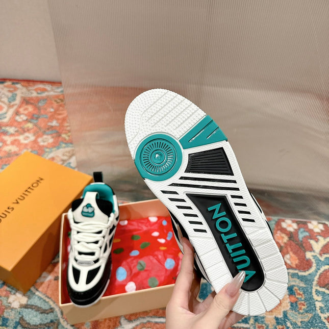 LV SKATE SNEAKER IN WHITE MIX BLACK AND PERSIAN GREEN CALFSKIN