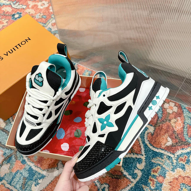 LV SKATE SNEAKER IN WHITE MIX BLACK AND PERSIAN GREEN CALFSKIN