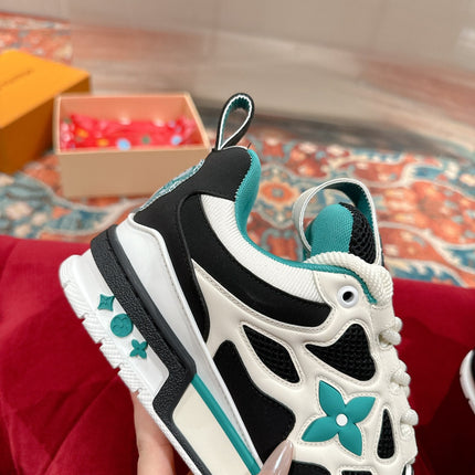 LV SKATE SNEAKER IN WHITE MIX BLACK AND PERSIAN GREEN CALFSKIN