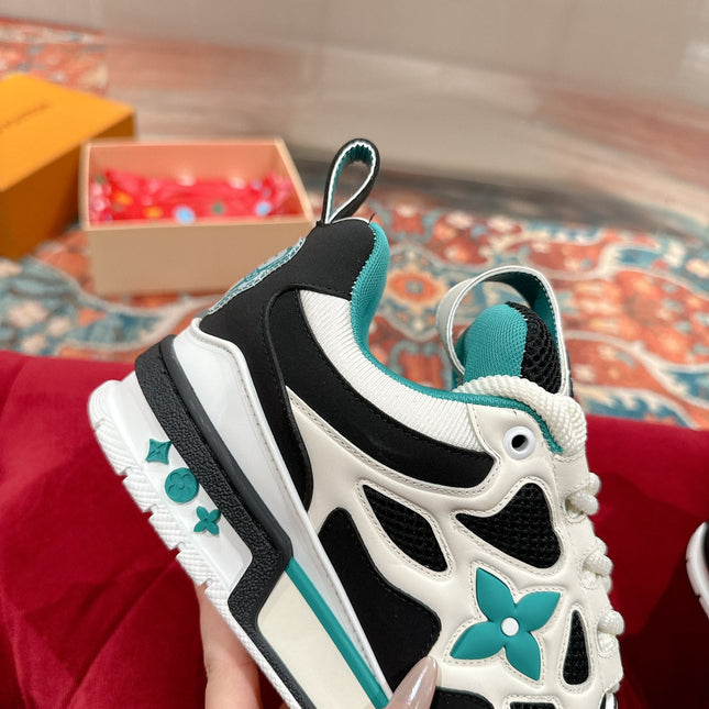 LV SKATE SNEAKER IN WHITE MIX BLACK AND PERSIAN GREEN CALFSKIN