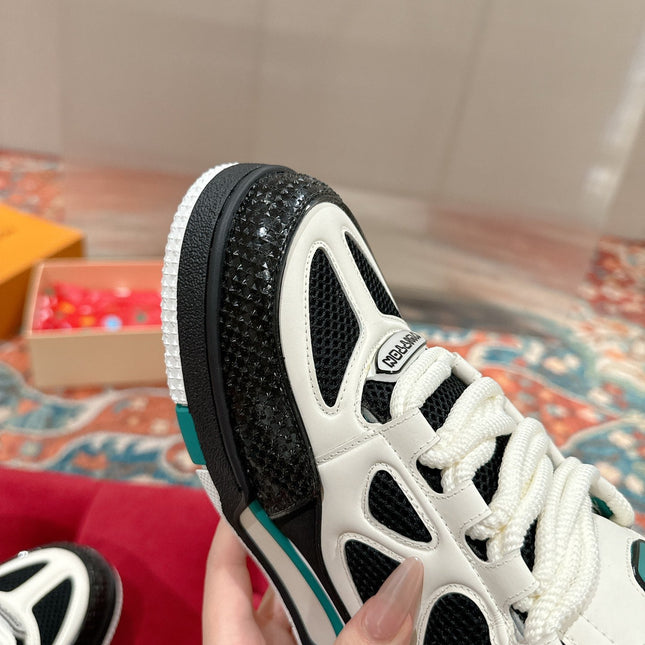 LV SKATE SNEAKER IN WHITE MIX BLACK AND PERSIAN GREEN CALFSKIN