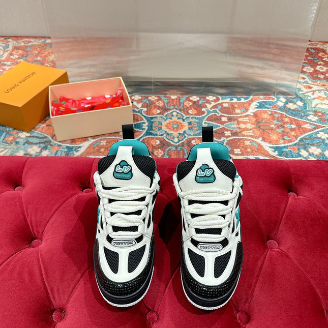 LV SKATE SNEAKER IN WHITE MIX BLACK AND PERSIAN GREEN CALFSKIN
