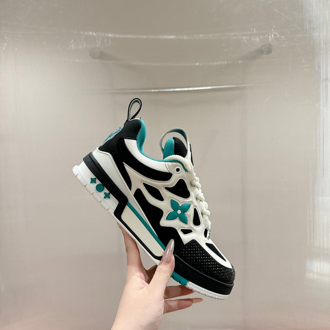 LV SKATE SNEAKER IN WHITE MIX BLACK AND PERSIAN GREEN CALFSKIN