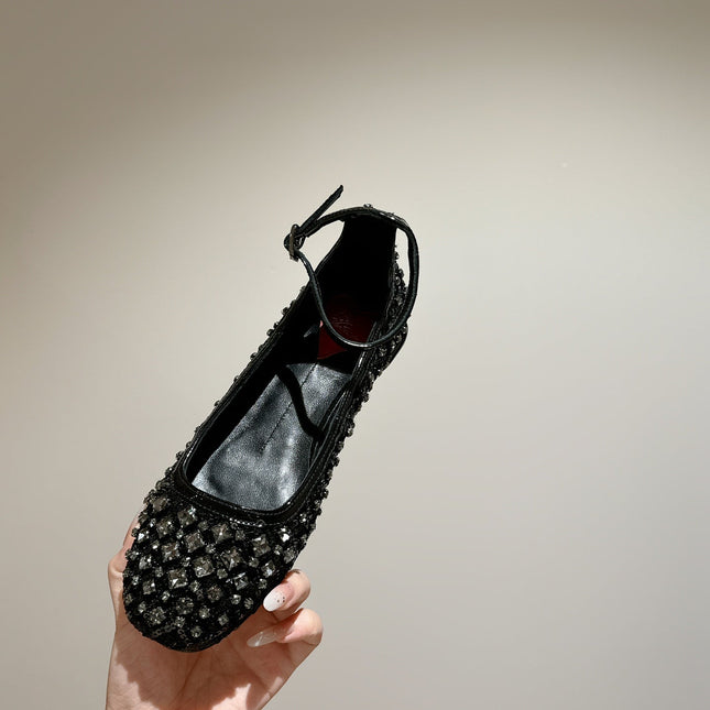 BALLERINAS IN BLACK FABRIC WITH CRYSTAL DETAILING