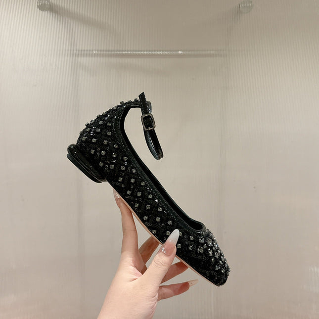 BALLERINAS IN BLACK FABRIC WITH CRYSTAL DETAILING