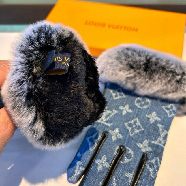 FINGERLESS GLOVES IN ELECTRIC BLUE MONOGRAM DENIM AND LAMBSKIN WITH RABBIT FUR 458591