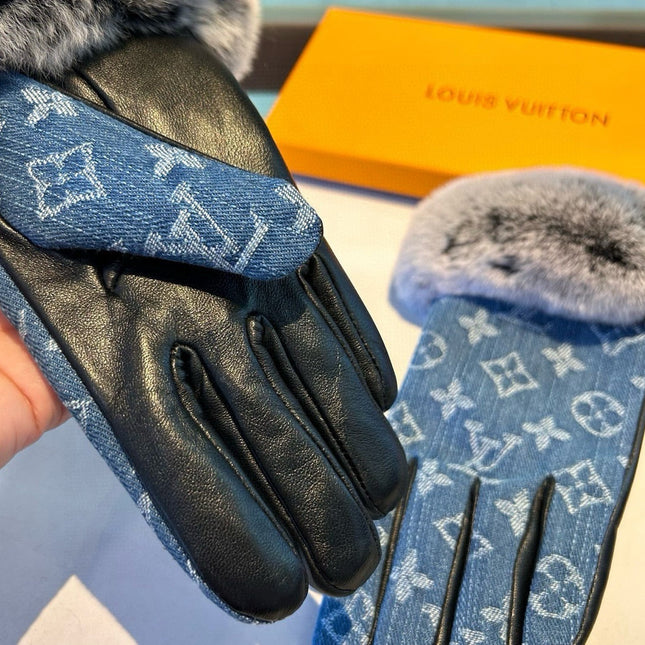 FINGERLESS GLOVES IN ELECTRIC BLUE MONOGRAM DENIM AND LAMBSKIN WITH RABBIT FUR 458591