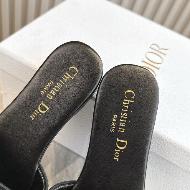 DIOR FLAT SLIDES 25S IN BLACK CALFSKIN AND FABRIC BRAND NAME EMBROIDERY