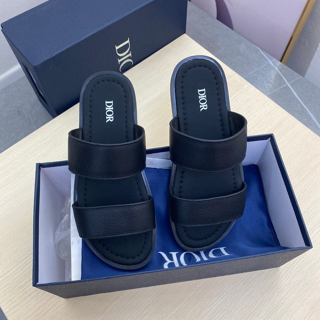 CD DOUBLE STRAP SLIPPER BLACK GRAINED CALFSKIN