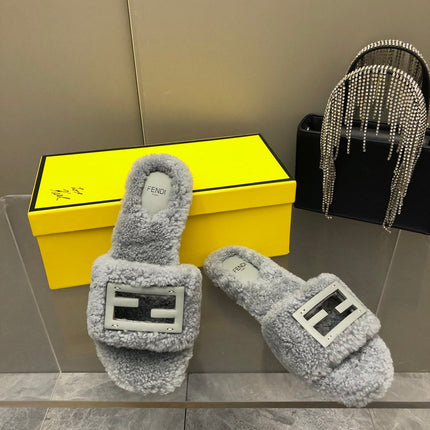 FENDI BAGUETTE SLIDE SLIPPERS IN GREY WOOL